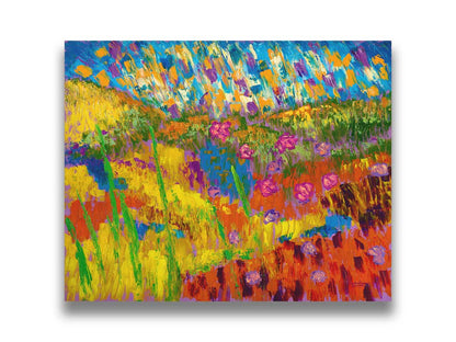 A painting of an abstraction of a meadow landscape, with colorful grassy hills, streams, and flowers. Printed on canvas.