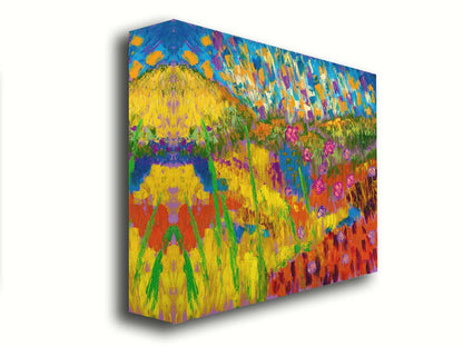 A painting of an abstraction of a meadow landscape, with colorful grassy hills, streams, and flowers. Printed on canvas.