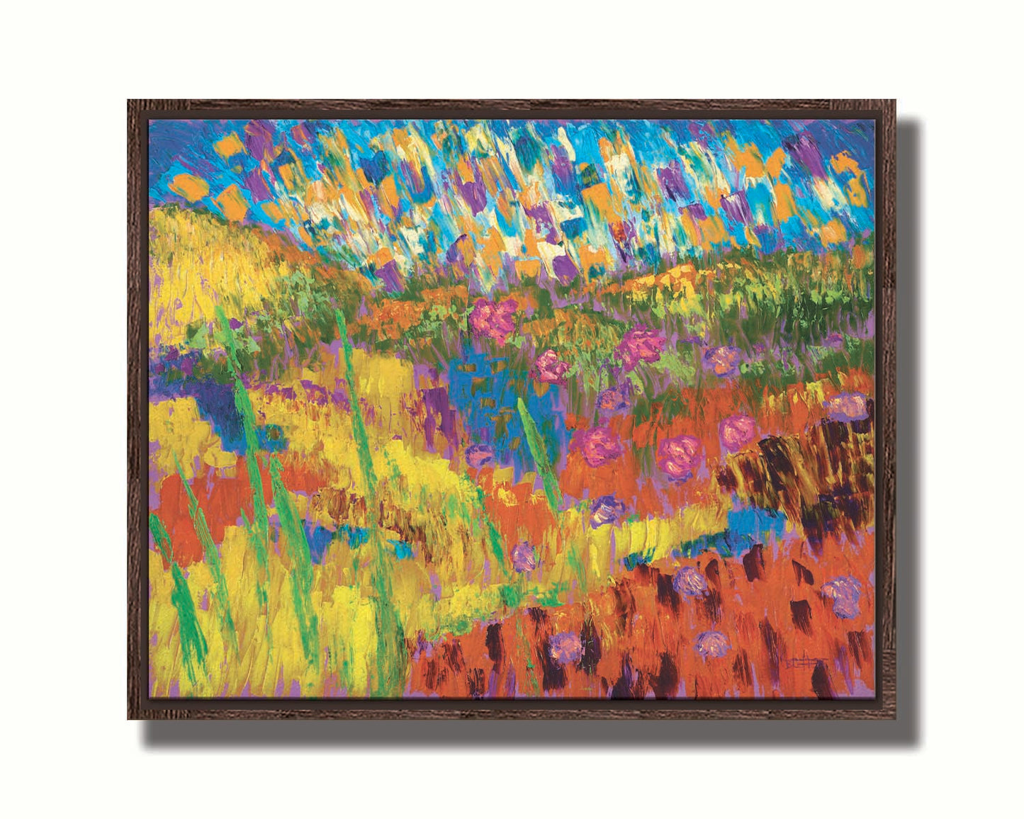 A painting of an abstraction of a meadow landscape, with colorful grassy hills, streams, and flowers. Printed on canvas in a float frame.