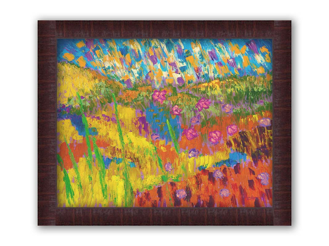 A painting of an abstraction of a meadow landscape, with colorful grassy hills, streams, and flowers. Printed on canvas and framed.