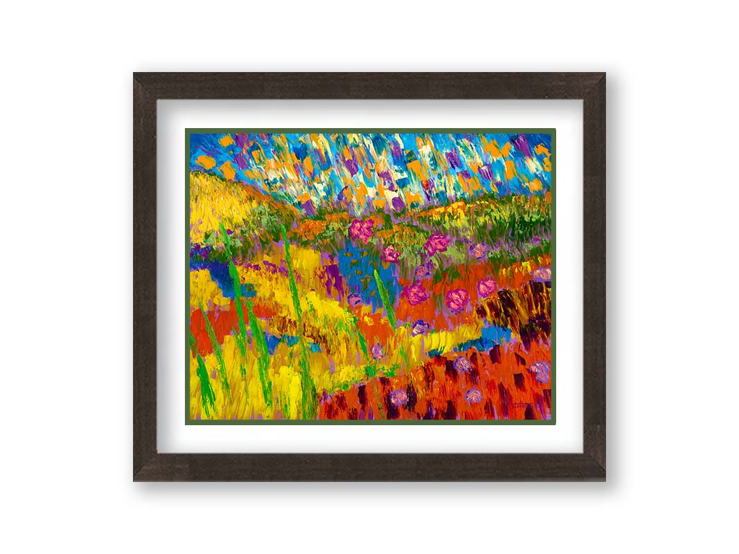 A painting of an abstraction of a meadow landscape, with colorful grassy hills, streams, and flowers. Printed on paper, matted, and framed.