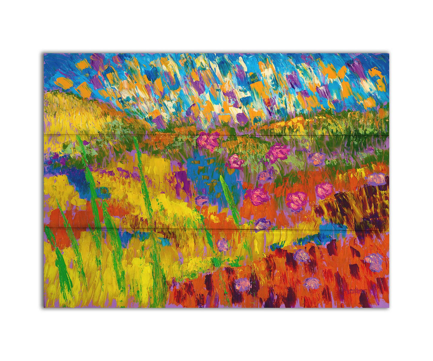 A painting of an abstraction of a meadow landscape, with colorful grassy hills, streams, and flowers. Printed on a box board.