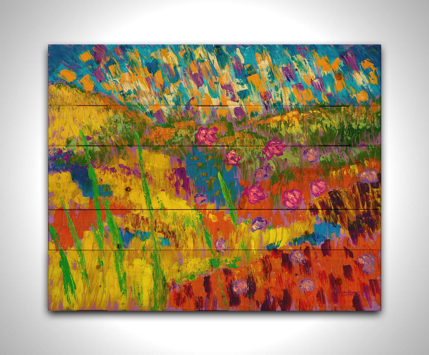 A painting of an abstraction of a meadow landscape, with colorful grassy hills, streams, and flowers. Printed on a wood pallet.