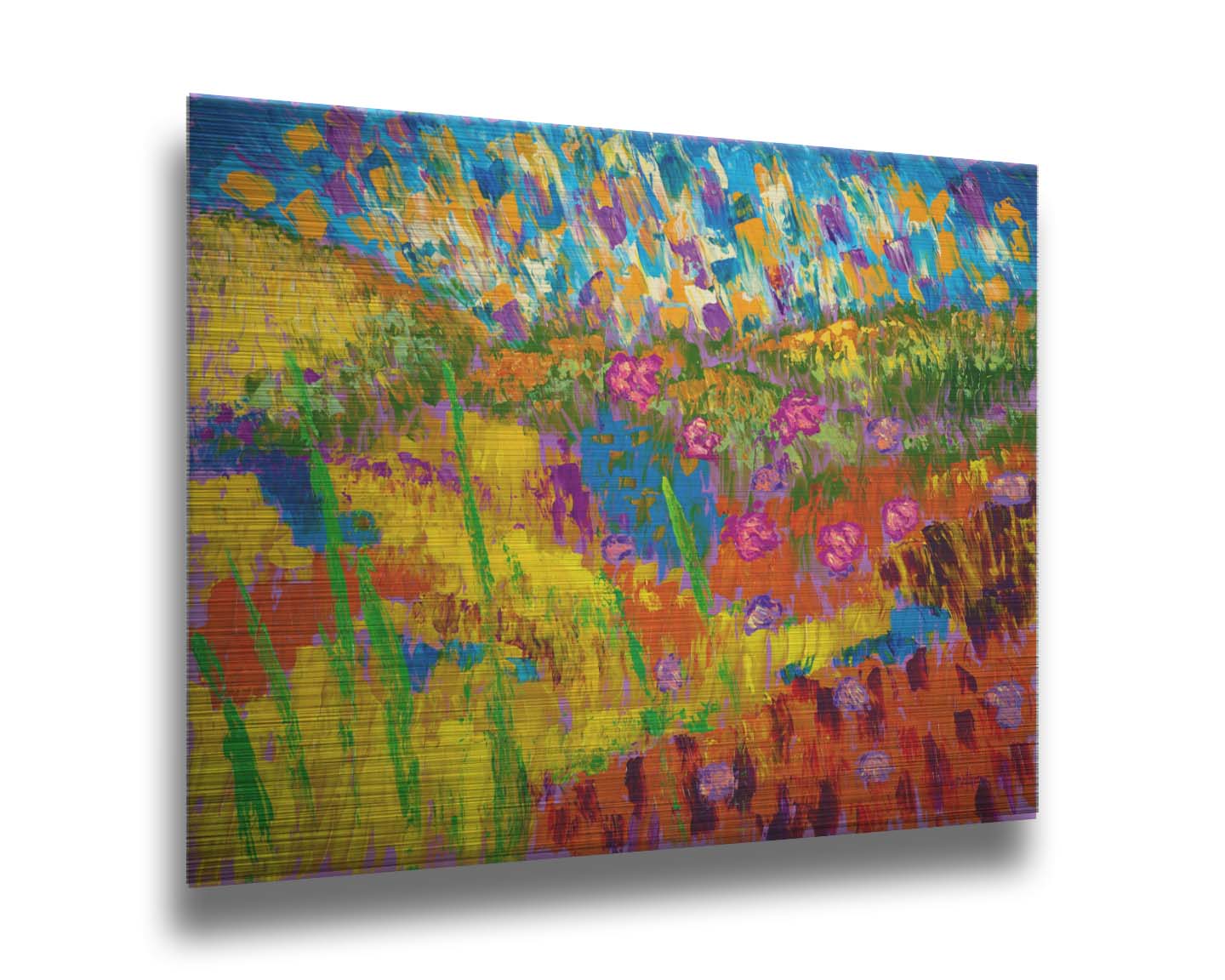 A painting of an abstraction of a meadow landscape, with colorful grassy hills, streams, and flowers. Printed on metal.