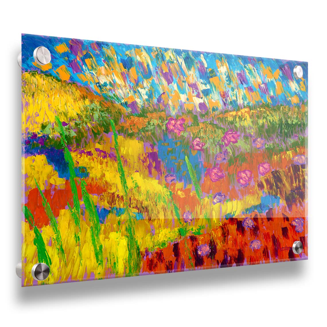 A painting of an abstraction of a meadow landscape, with colorful grassy hills, streams, and flowers. Printed on acrylic.