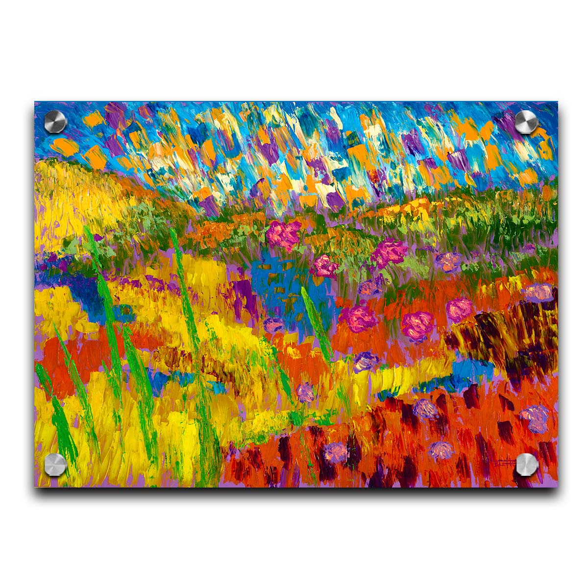 A painting of an abstraction of a meadow landscape, with colorful grassy hills, streams, and flowers. Printed on acrylic.