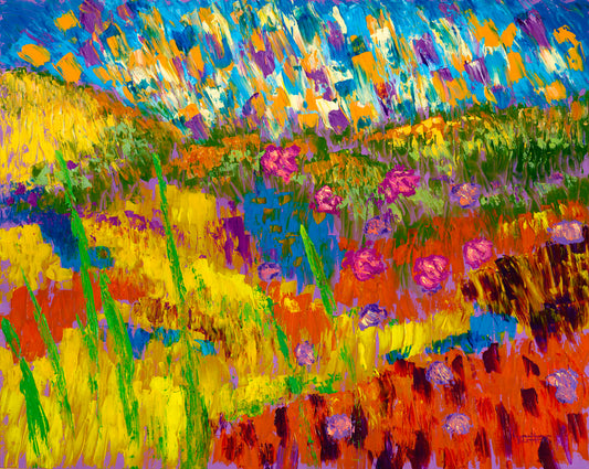A painting of an abstraction of a meadow landscape, with colorful grassy hills, streams, and flowers.
