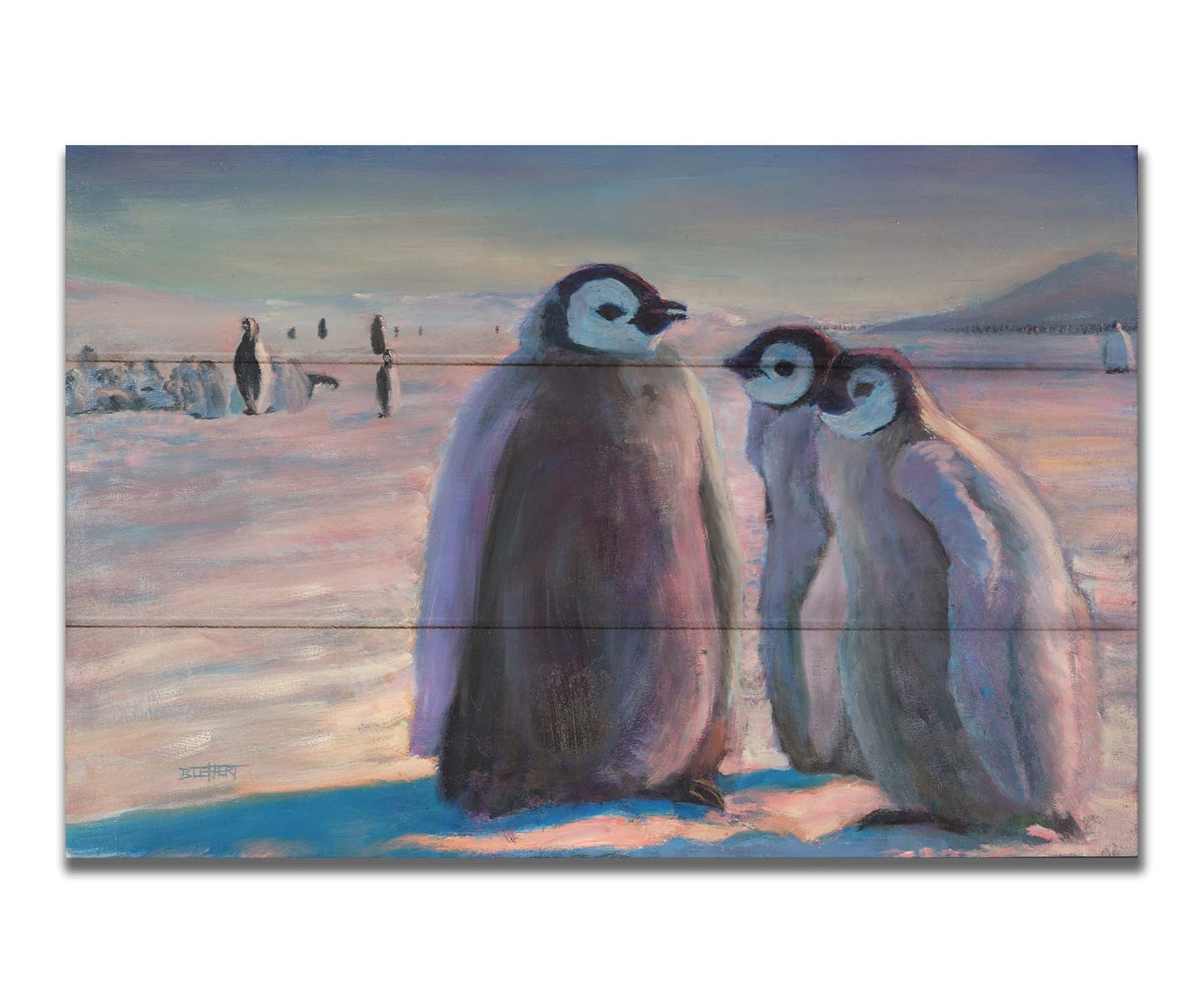 A painting of three young penguins, their colony in the background standing on the icy landscape. Printed on a box board.