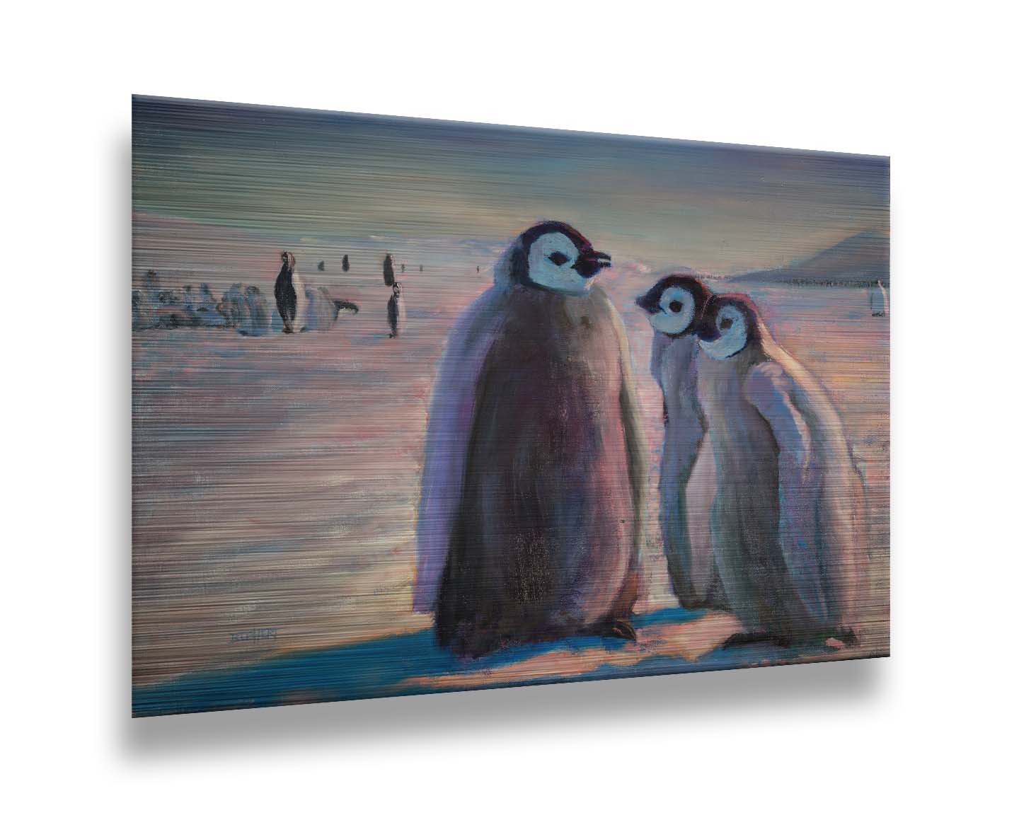 A painting of three young penguins, their colony in the background standing on the icy landscape. Printed on metal.