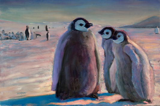 A painting of three young penguins, their colony in the background standing on the icy landscape.
