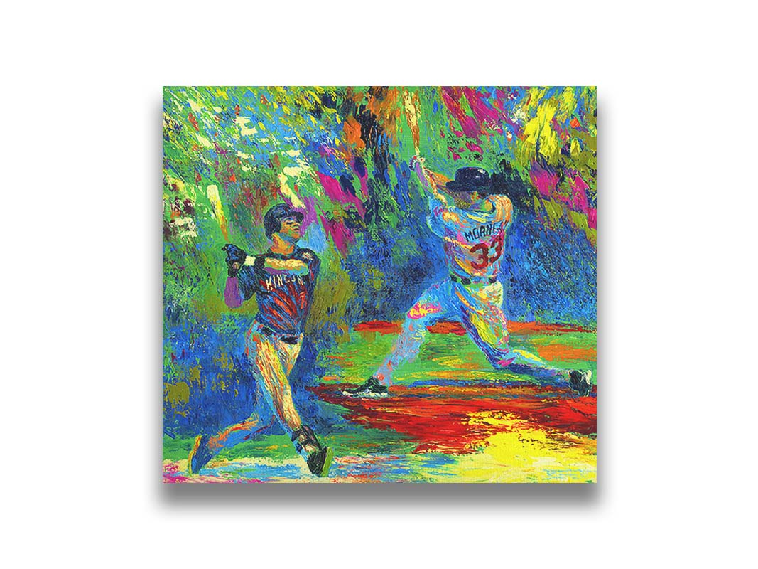 A painting of Joe Mauer and Justin Morneau from the Minnesota Twins baseball team, swinging baseball bats, in a vibrant spectrum of colors. Printed on canvas.