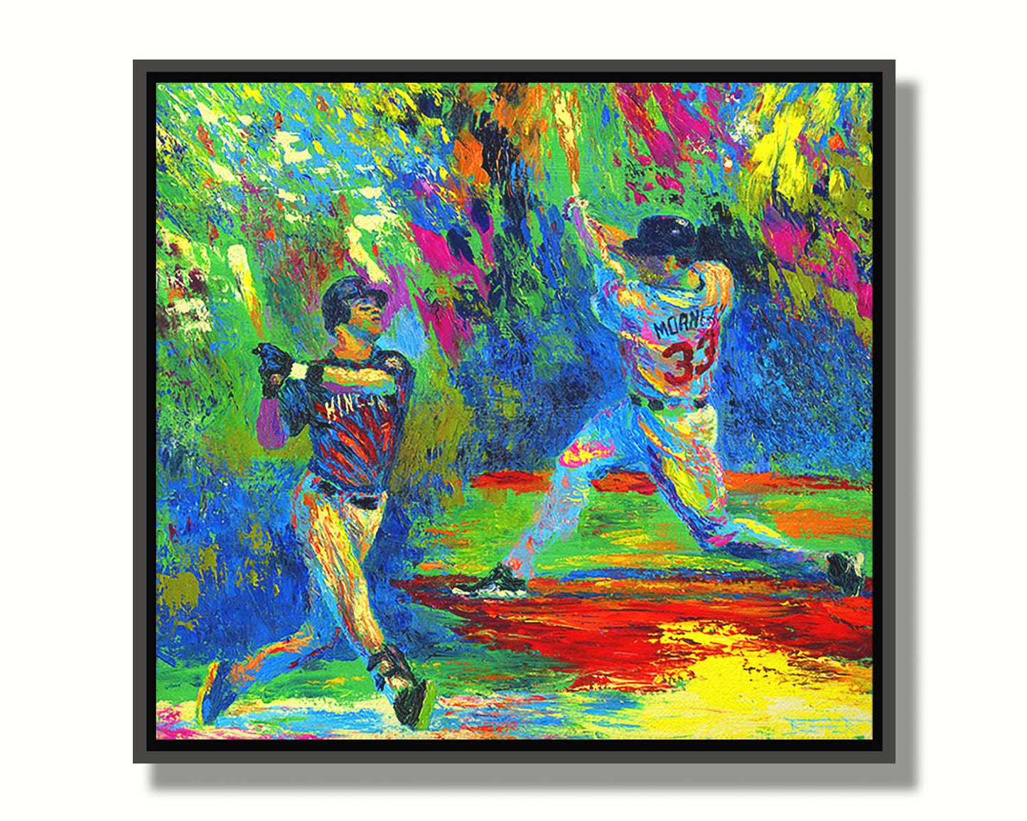 A painting of Joe Mauer and Justin Morneau from the Minnesota Twins baseball team, swinging baseball bats, in a vibrant spectrum of colors. Printed on canvas in a float frame.