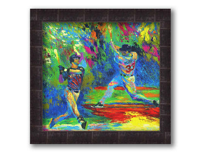 A painting of Joe Mauer and Justin Morneau from the Minnesota Twins baseball team, swinging baseball bats, in a vibrant spectrum of colors. Printed on canvas and framed.