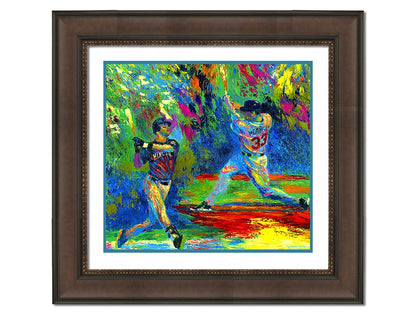 A painting of Joe Mauer and Justin Morneau from the Minnesota Twins baseball team, swinging baseball bats, in a vibrant spectrum of colors. Printed on paper, matted, and framed.