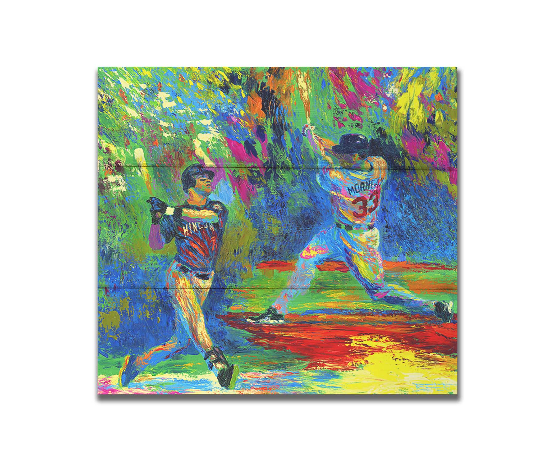 A painting of Joe Mauer and Justin Morneau from the Minnesota Twins baseball team, swinging baseball bats, in a vibrant spectrum of colors. Printed on a box board.