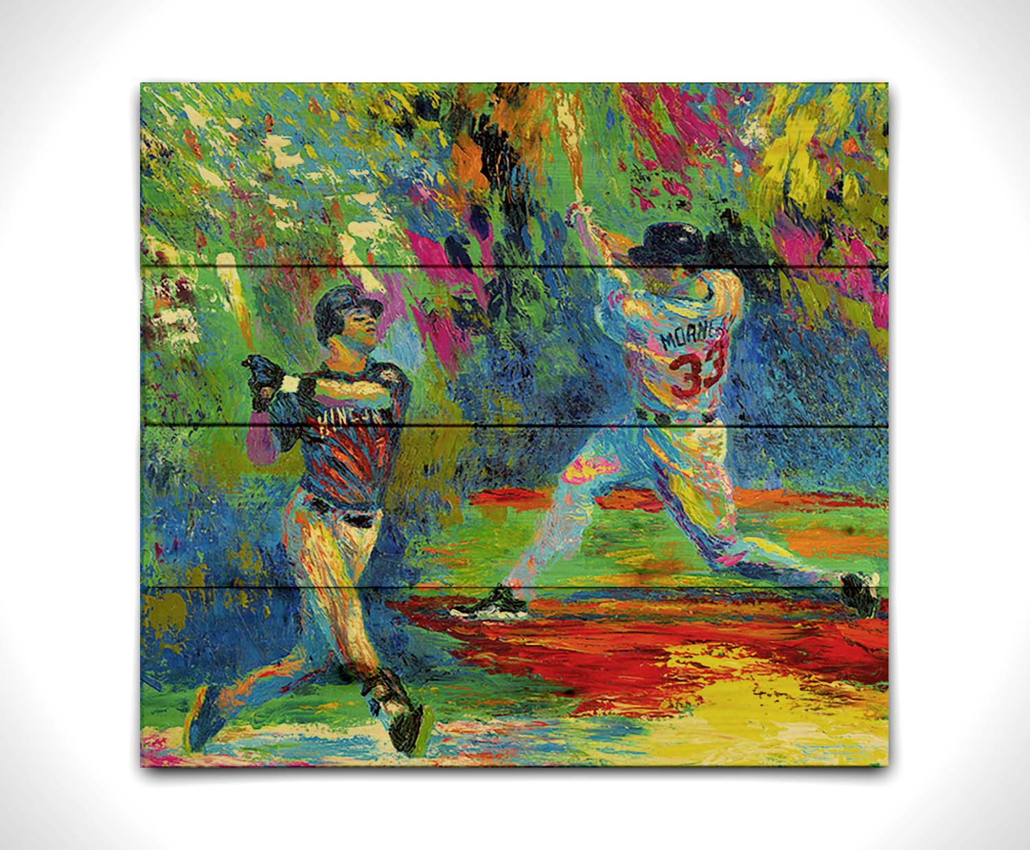 A painting of Joe Mauer and Justin Morneau from the Minnesota Twins baseball team, swinging baseball bats, in a vibrant spectrum of colors. Printed on a wood pallet.