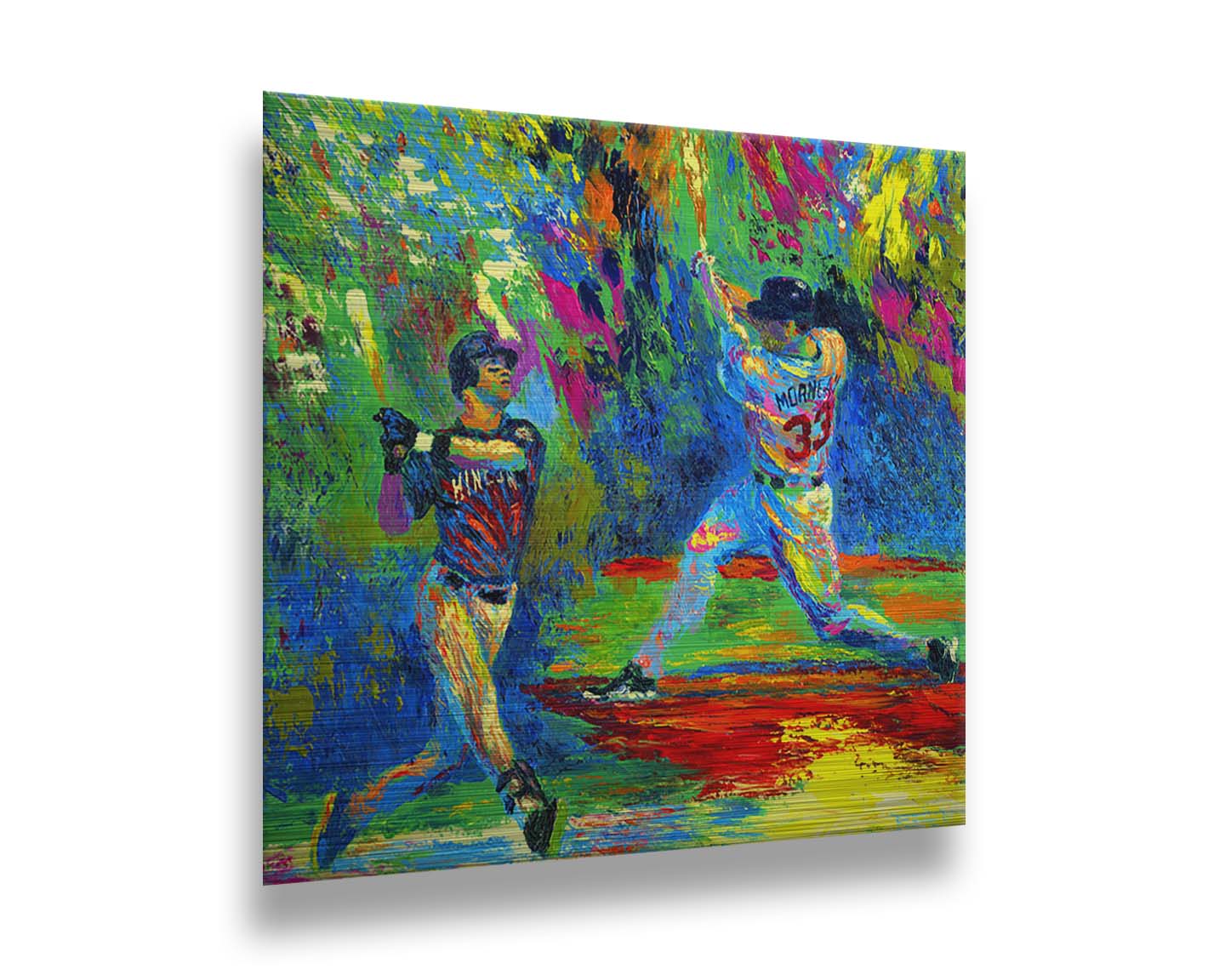 A painting of Joe Mauer and Justin Morneau from the Minnesota Twins baseball team, swinging baseball bats, in a vibrant spectrum of colors. Printed on metal.