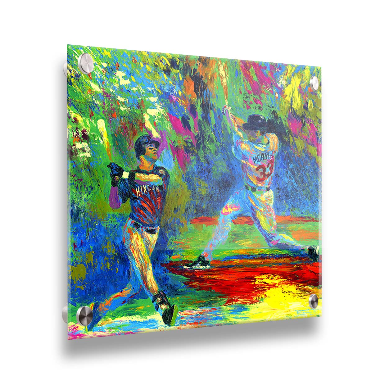 A painting of Joe Mauer and Justin Morneau from the Minnesota Twins baseball team, swinging baseball bats, in a vibrant spectrum of colors. Printed on acrylic.