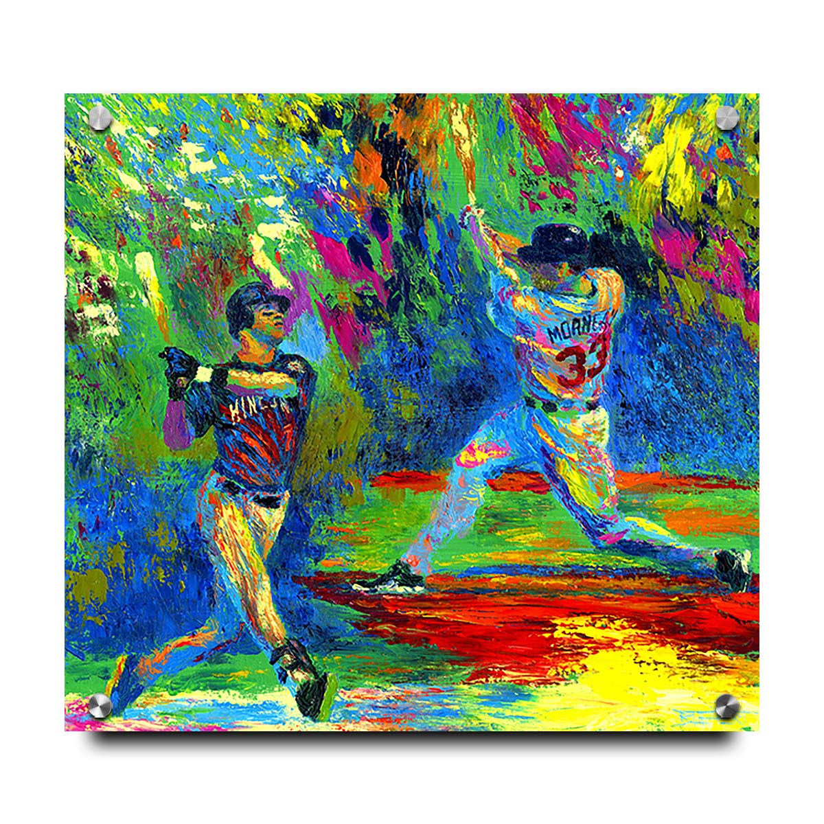 A painting of Joe Mauer and Justin Morneau from the Minnesota Twins baseball team, swinging baseball bats, in a vibrant spectrum of colors. Printed on acrylic.