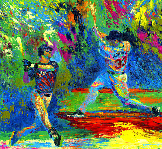 A painting of Joe Mauer and Justin Morneau from the Minnesota Twins baseball team, swinging baseball bats, in a vibrant spectrum of colors.