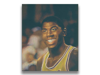 A painting of Earvin "Magic" Johnson Jr. smiling, wearing his basketball uniform. Printed on canvas.