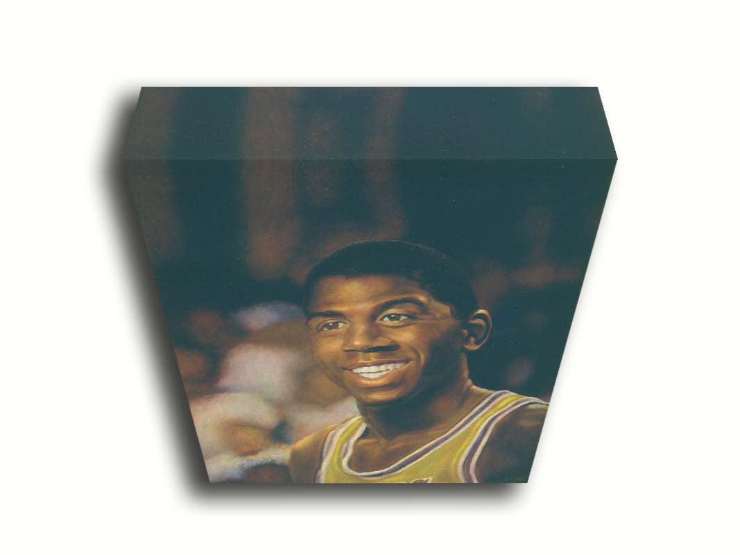 A painting of Earvin "Magic" Johnson Jr. smiling, wearing his basketball uniform. Printed on canvas.