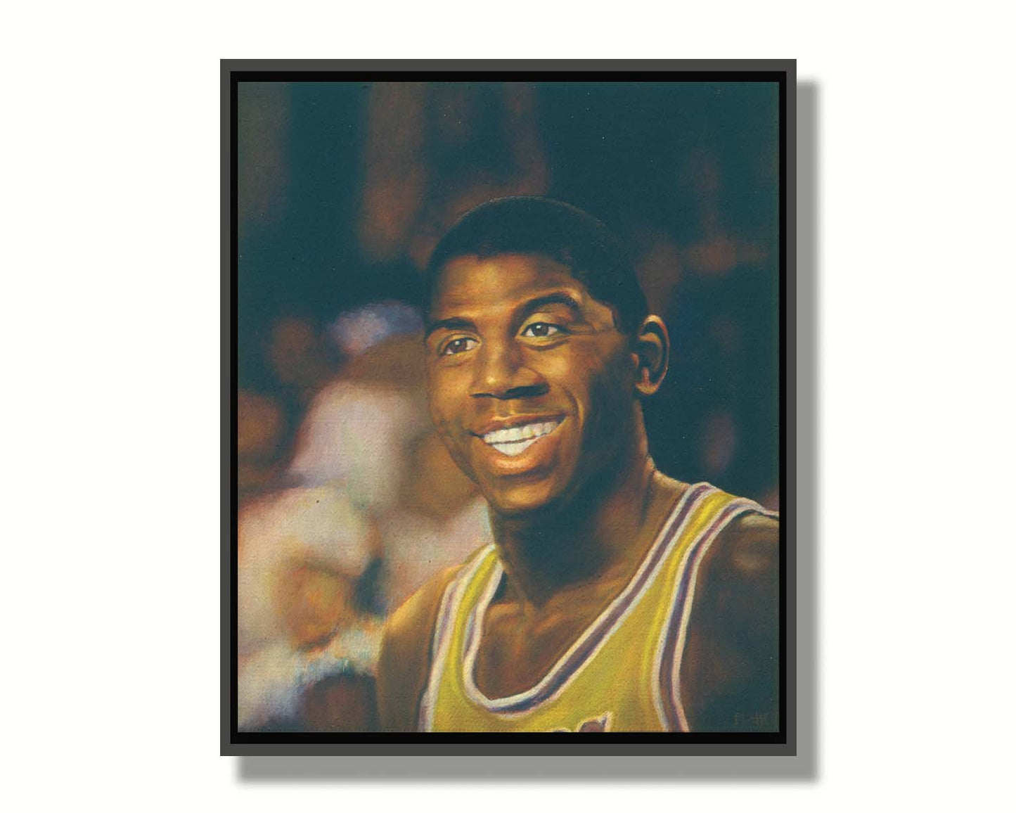 A painting of Earvin "Magic" Johnson Jr. smiling, wearing his basketball uniform. Printed on canvas in a float frame.