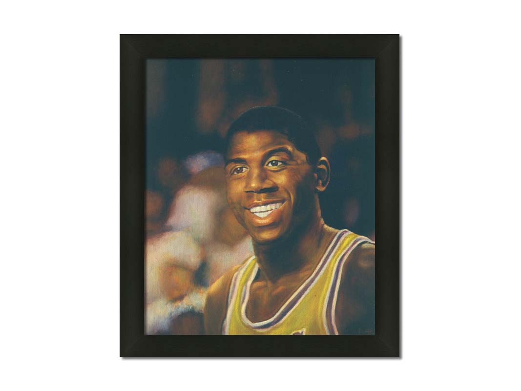 A painting of Earvin "Magic" Johnson Jr. smiling, wearing his basketball uniform. Printed on canvas and framed.