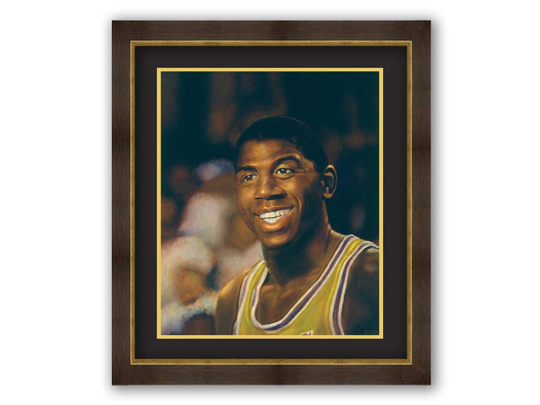 A painting of Earvin "Magic" Johnson Jr. smiling, wearing his basketball uniform. Printed on paper, matted, and framed.