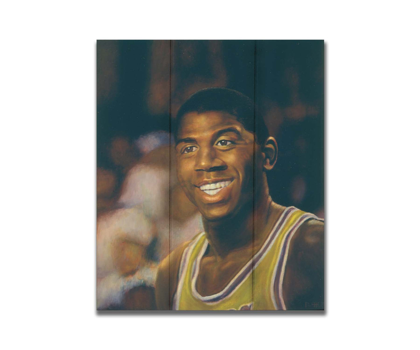 A painting of Earvin "Magic" Johnson Jr. smiling, wearing his basketball uniform. Printed on a box board.