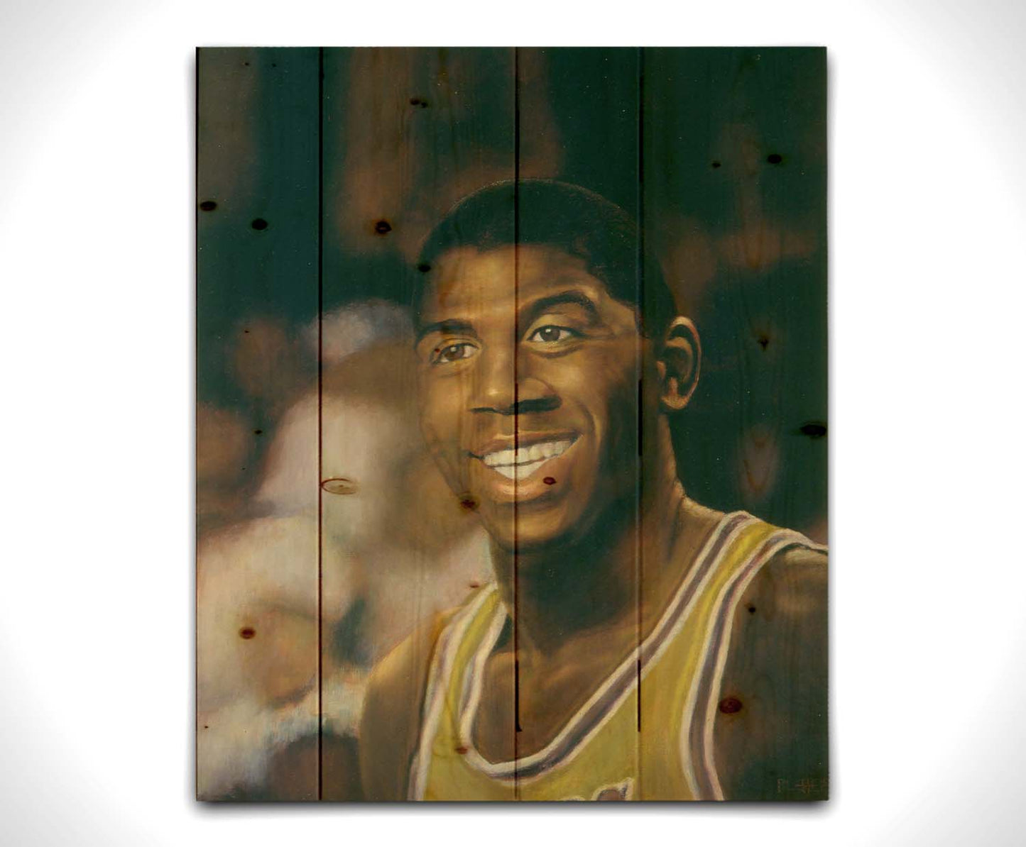 A painting of Earvin "Magic" Johnson Jr. smiling, wearing his basketball uniform. Printed on a wood pallet.