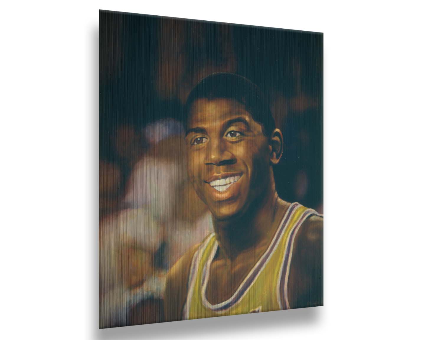 A painting of Earvin "Magic" Johnson Jr. smiling, wearing his basketball uniform. Printed on metal.