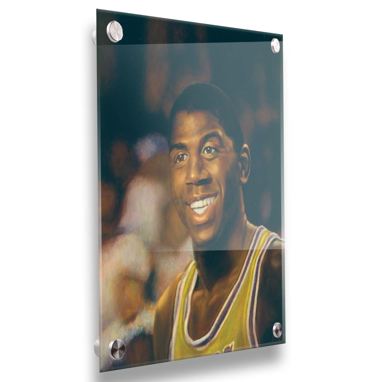 A painting of Earvin "Magic" Johnson Jr. smiling, wearing his basketball uniform. Printed on acrylic.