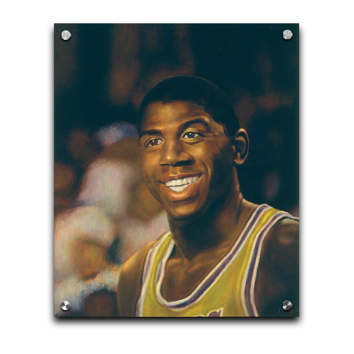 A painting of Earvin "Magic" Johnson Jr. smiling, wearing his basketball uniform. Printed on acrylic.