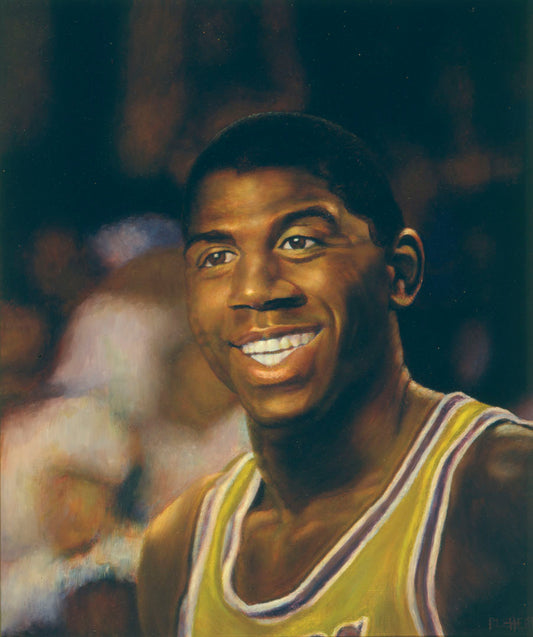 A painting of Earvin "Magic" Johnson Jr. smiling, wearing his basketball uniform.