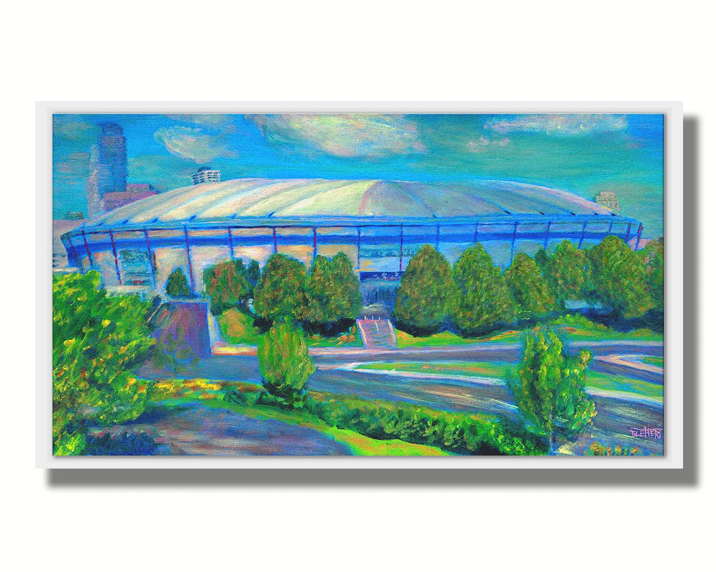 A painting of the Metrodome stadium once located in Minneapolis, Minnesota. Printed on canvas in a float frame.