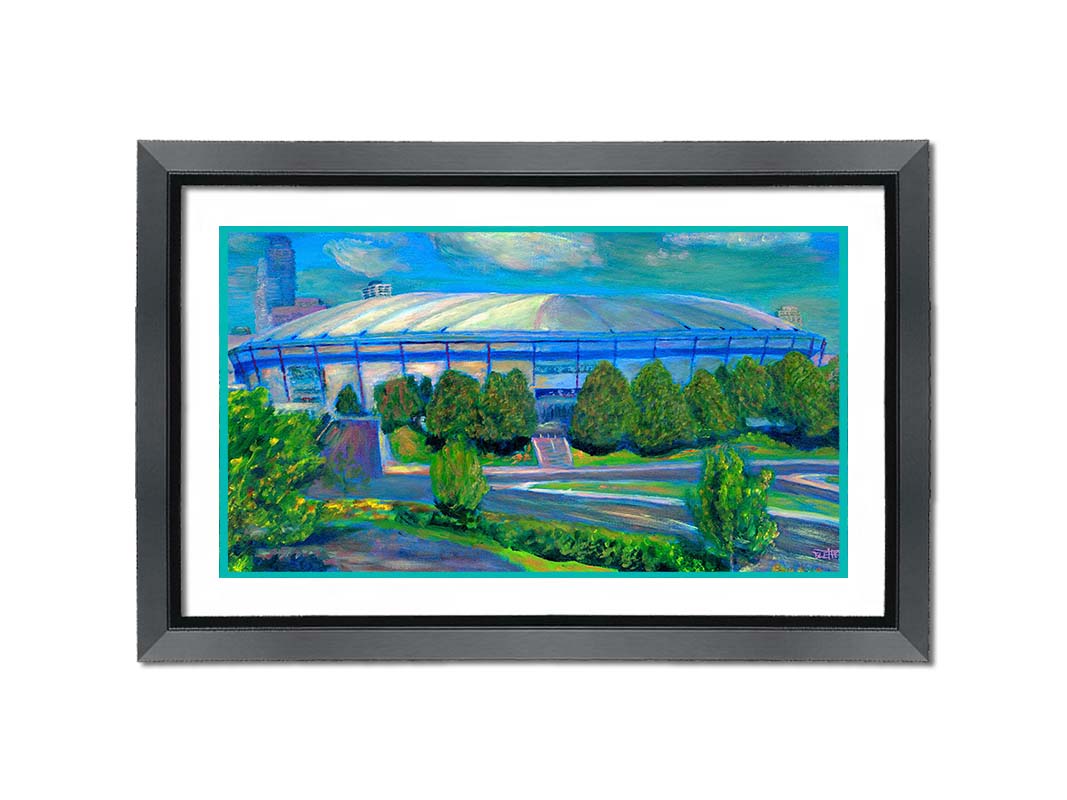 A painting of the Metrodome stadium once located in Minneapolis, Minnesota. Printed on paper, matted, and framed.