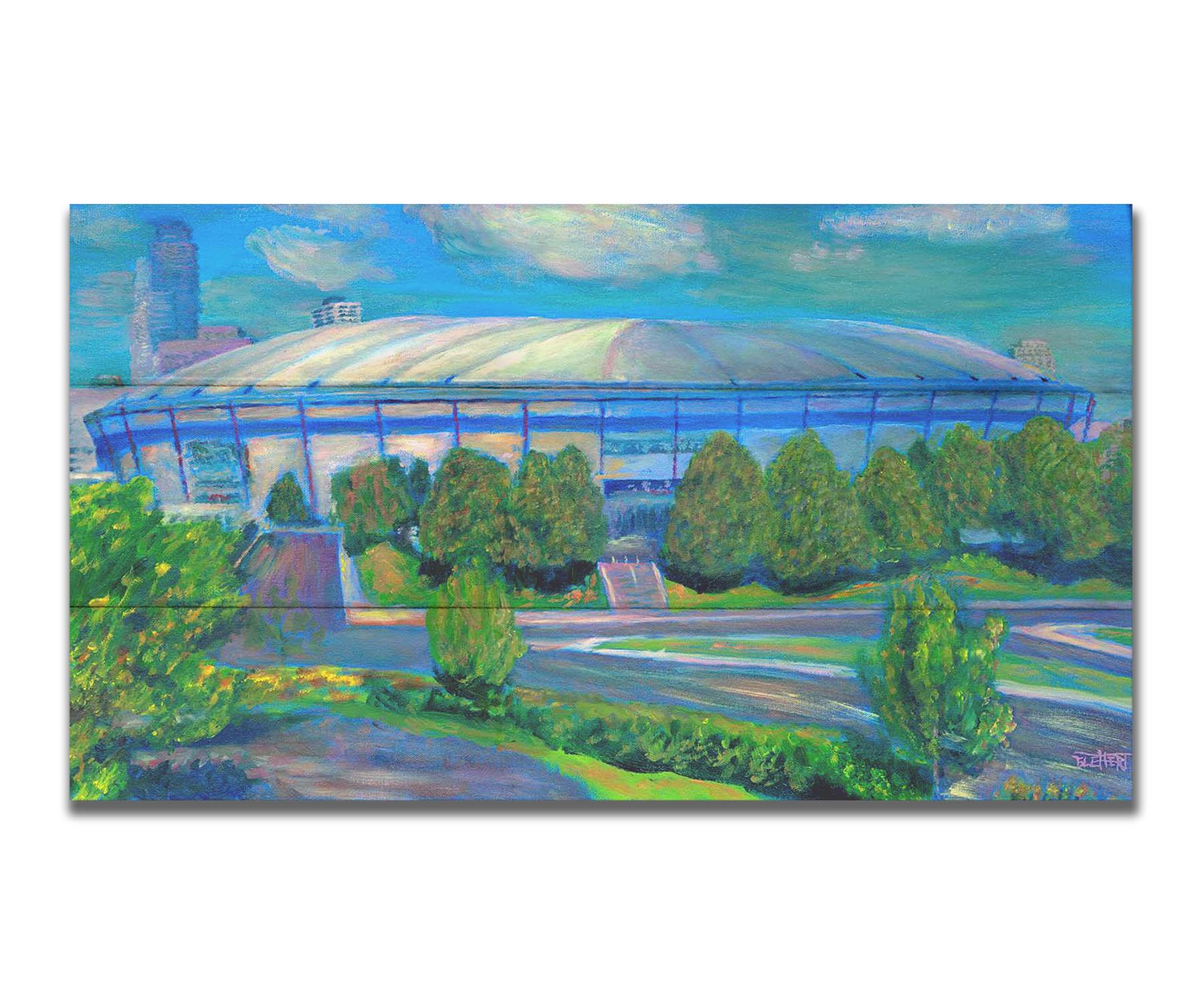 A painting of the Metrodome stadium once located in Minneapolis, Minnesota. Printed on a box board.