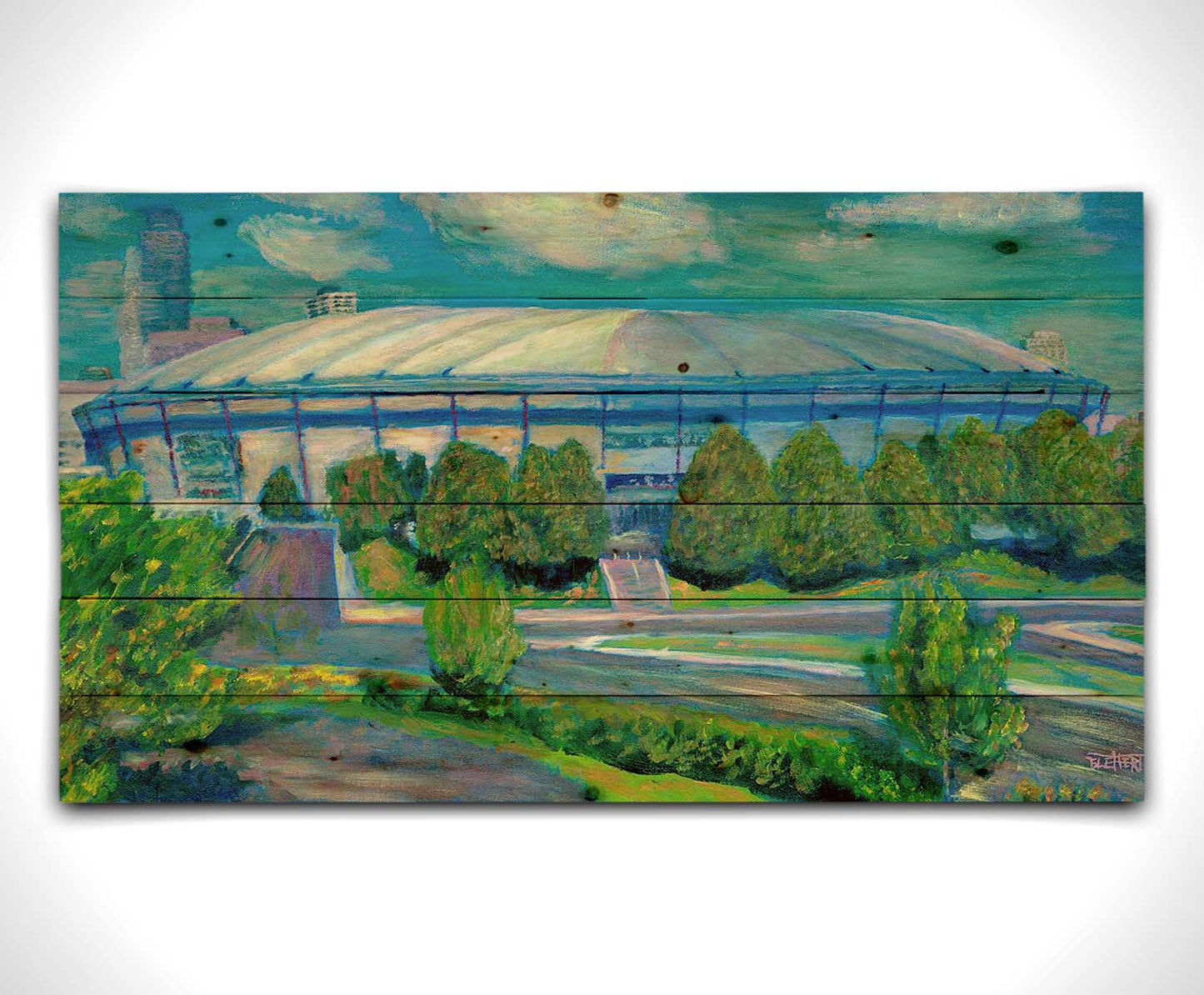 A painting of the Metrodome stadium once located in Minneapolis, Minnesota. Printed on a wood pallet.