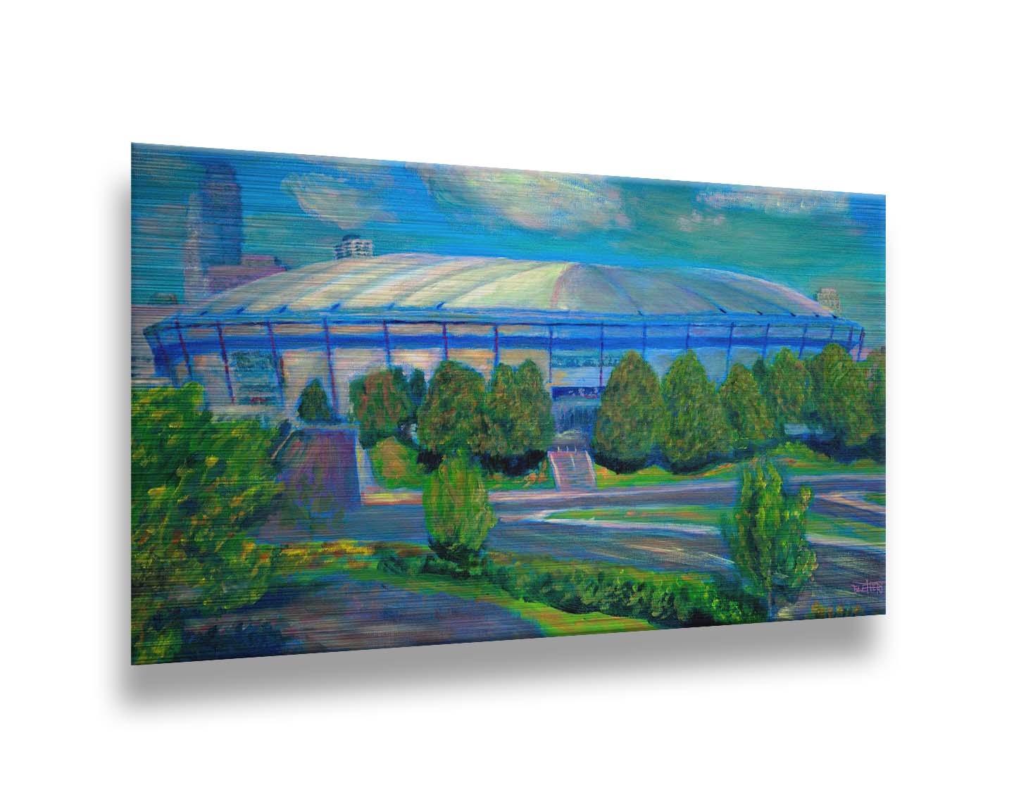 A painting of the Metrodome stadium once located in Minneapolis, Minnesota. Printed on metal.