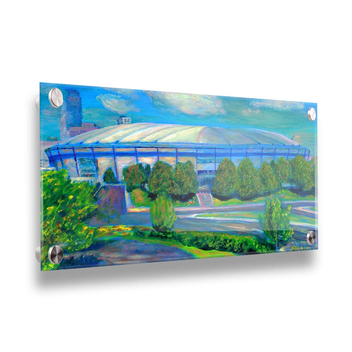 A painting of the Metrodome stadium once located in Minneapolis, Minnesota. Printed on acrylic.