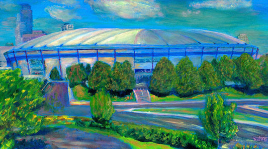 A painting of the Metrodome stadium once located in Minneapolis, Minnesota.