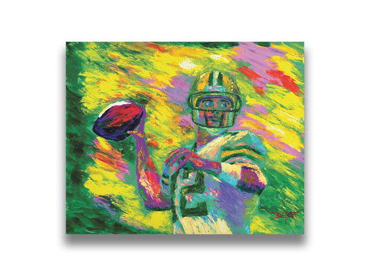 A painting of Green Bay Packers football player Aaron Rodgers, painted in the iconic yellow and green of the team and primed to throw a football. Printed on canvas.