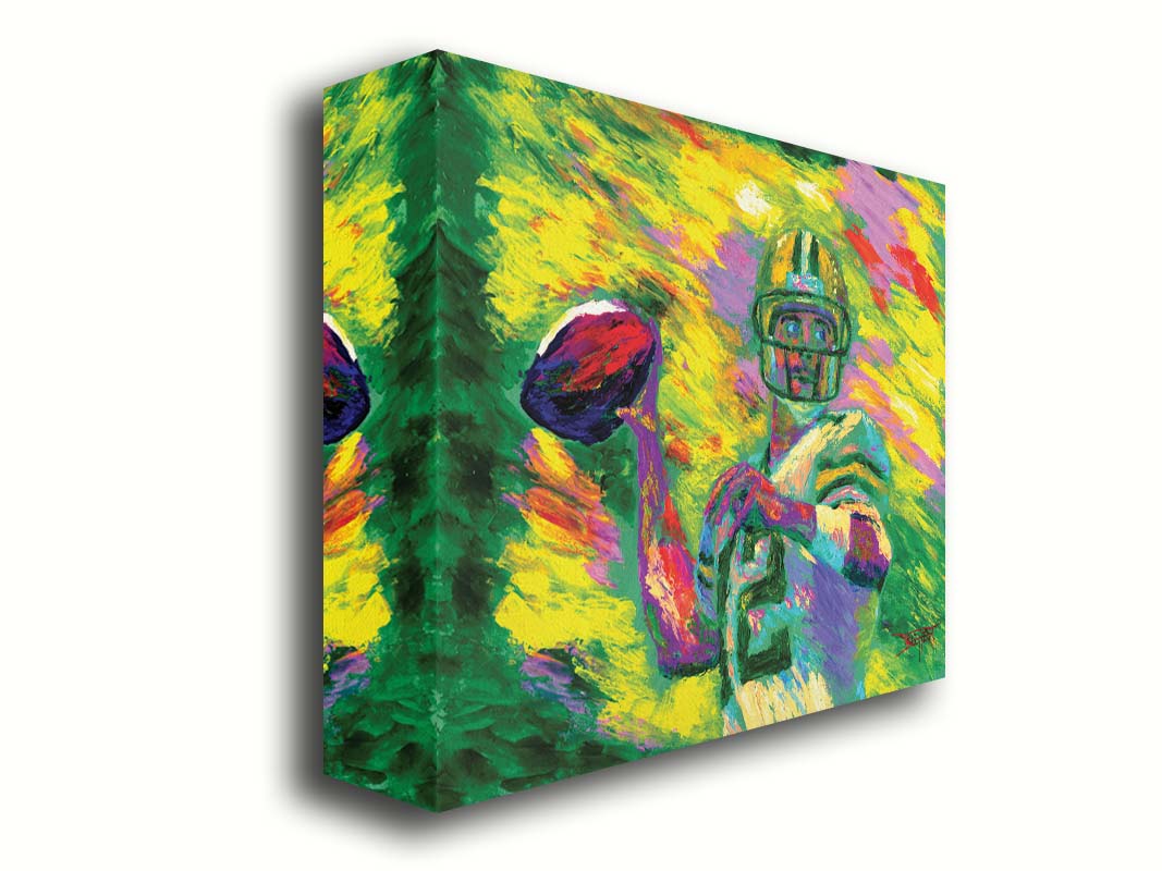 A painting of Green Bay Packers football player Aaron Rodgers, painted in the iconic yellow and green of the team and primed to throw a football. Printed on canvas.