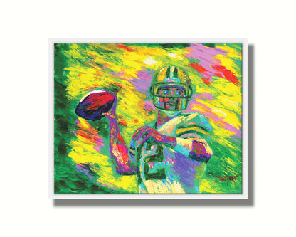 A painting of Green Bay Packers football player Aaron Rodgers, painted in the iconic yellow and green of the team and primed to throw a football. Printed on canvas in a float frame.