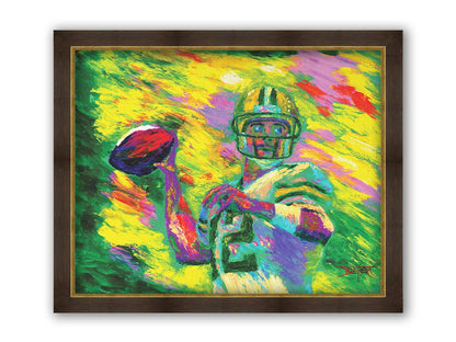 A painting of Green Bay Packers football player Aaron Rodgers, painted in the iconic yellow and green of the team and primed to throw a football. Printed on canvas and framed.