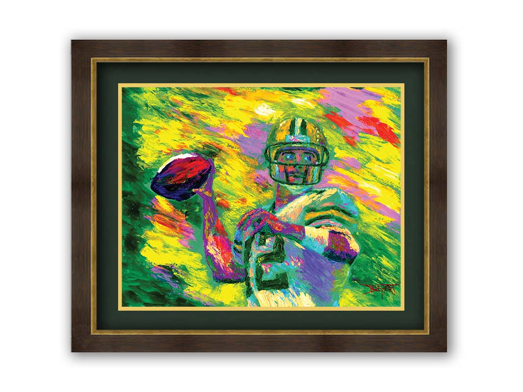 A painting of Green Bay Packers football player Aaron Rodgers, painted in the iconic yellow and green of the team and primed to throw a football. Printed on paper, matted, and framed.