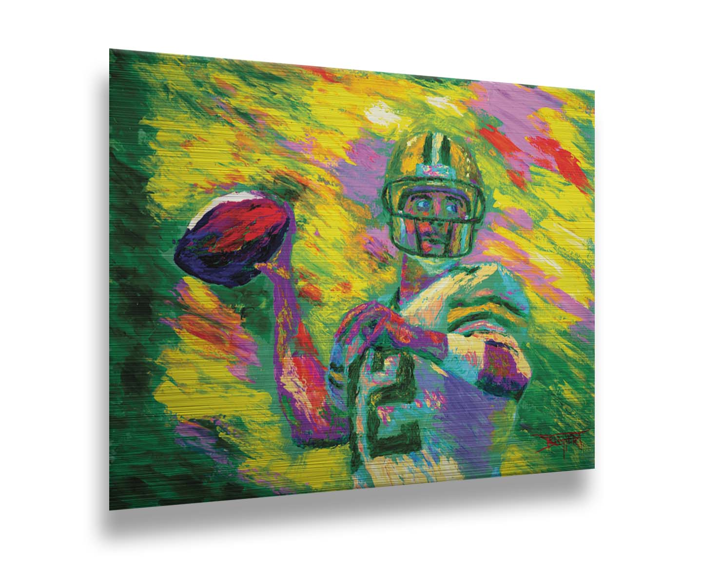 A painting of Green Bay Packers football player Aaron Rodgers, painted in the iconic yellow and green of the team and primed to throw a football. Printed on metal.