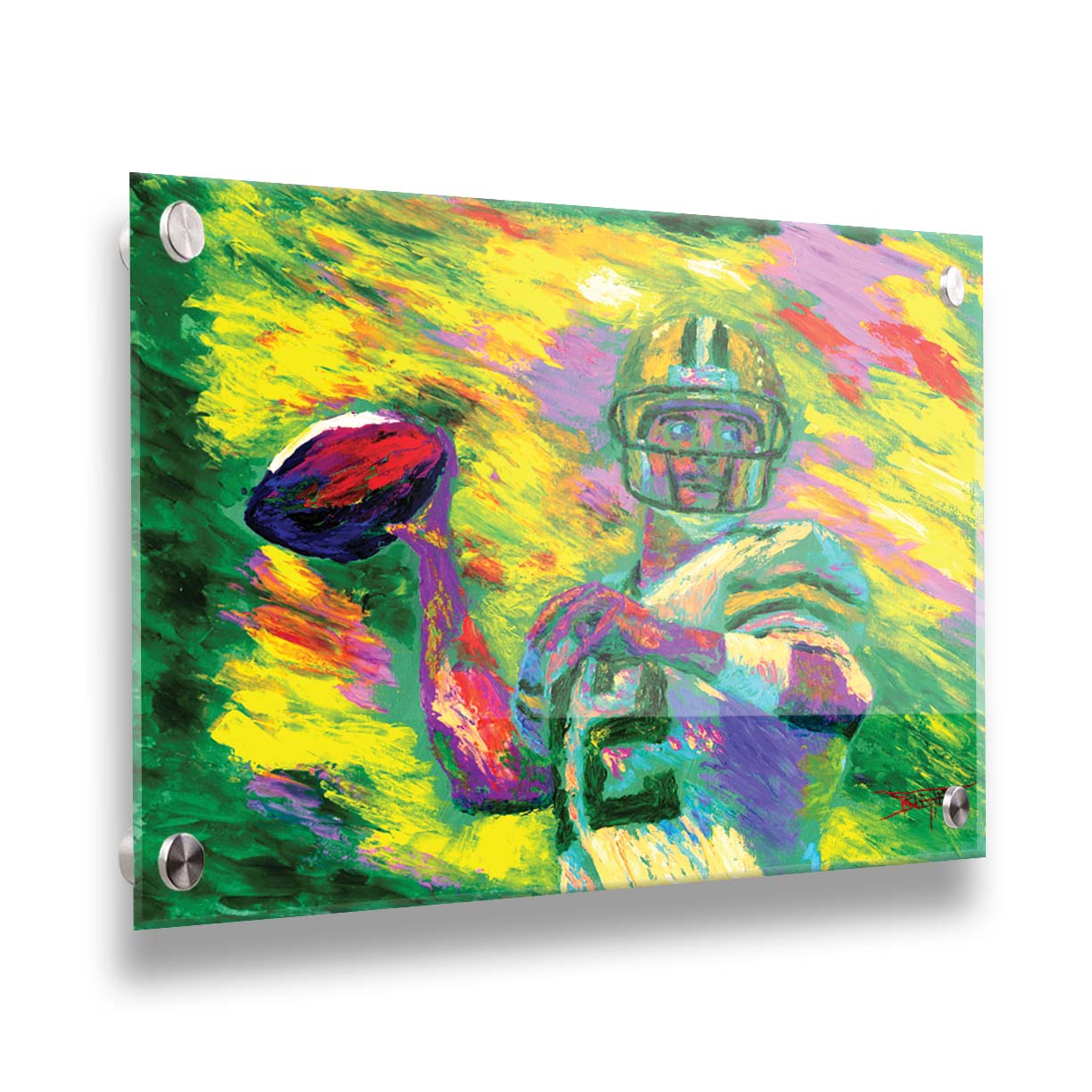 A painting of Green Bay Packers football player Aaron Rodgers, painted in the iconic yellow and green of the team and primed to throw a football. Printed on acrylic.