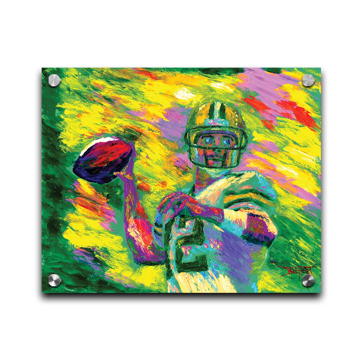 A painting of Green Bay Packers football player Aaron Rodgers, painted in the iconic yellow and green of the team and primed to throw a football. Printed on acrylic.